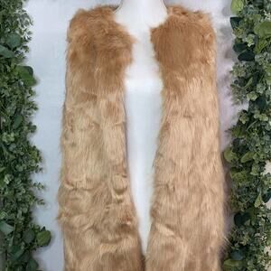 NEW Just Fab Faux Fur Vest Women XS Tan Longline Hippie Flower Child Retro